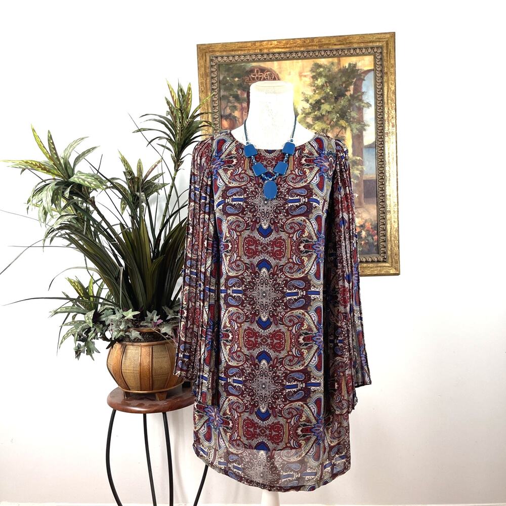 Fire Los Angeles Women’s M‎ Paisley Bell Sleeve Shift Dress Boho Lined Stretch